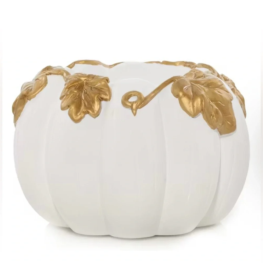 NEW Yankee Candle White Pumpkin Resin Candle Holder Gold Leaves Fall Decor